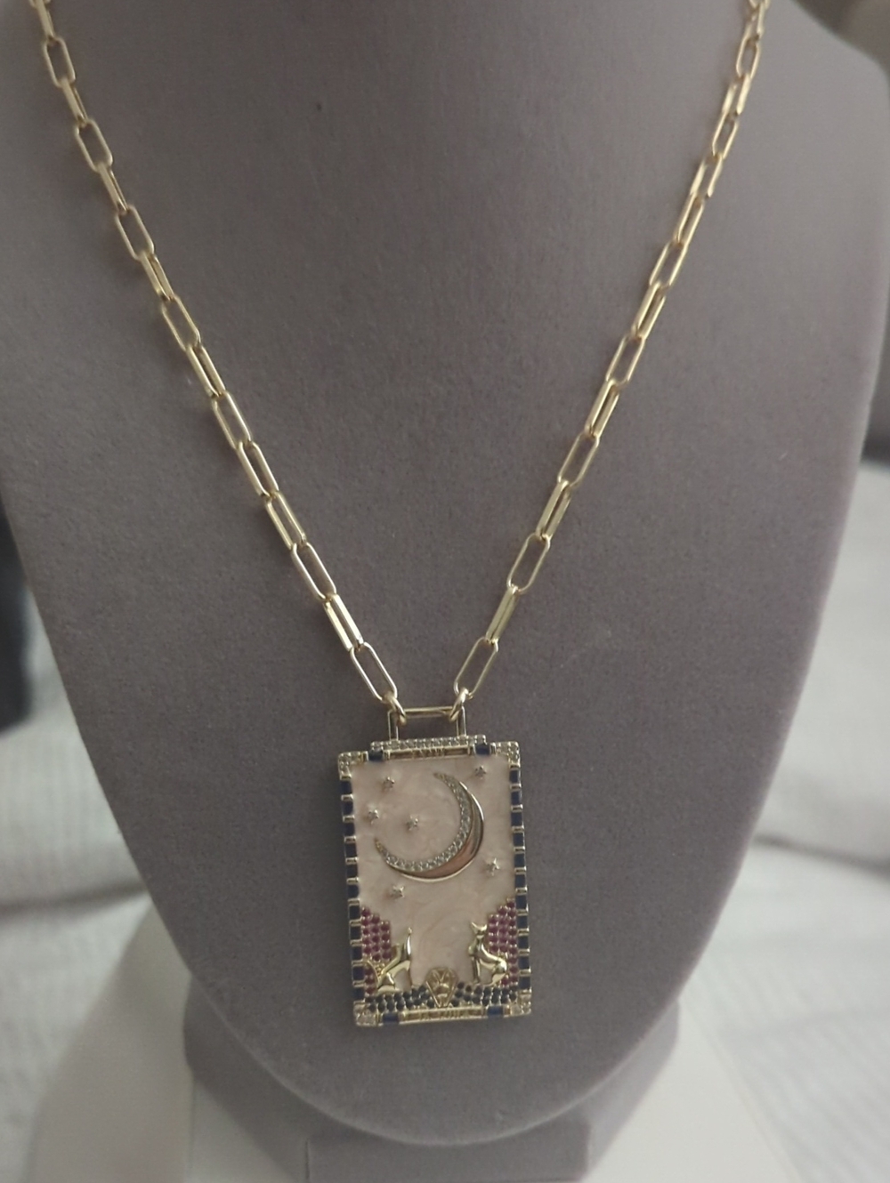 Gold-Tone Moon & Star Pendant Necklace - Pink Inlay
